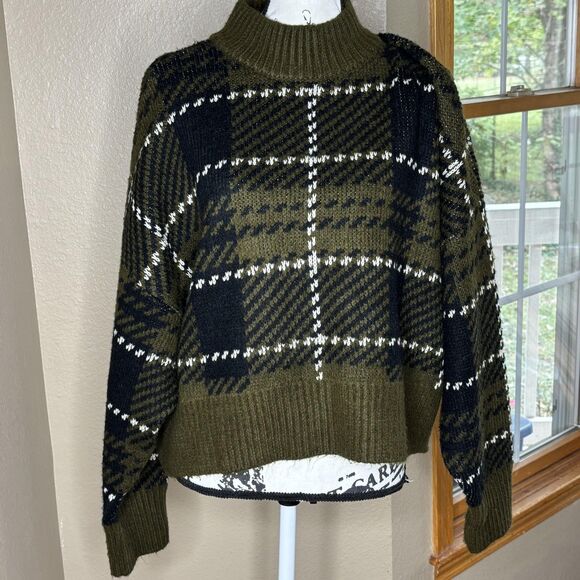Arizona Jean Co Sweater Womens XL XXL Green Black Plaid Mock Neck Cropped Knit - Picture 13 of 13
